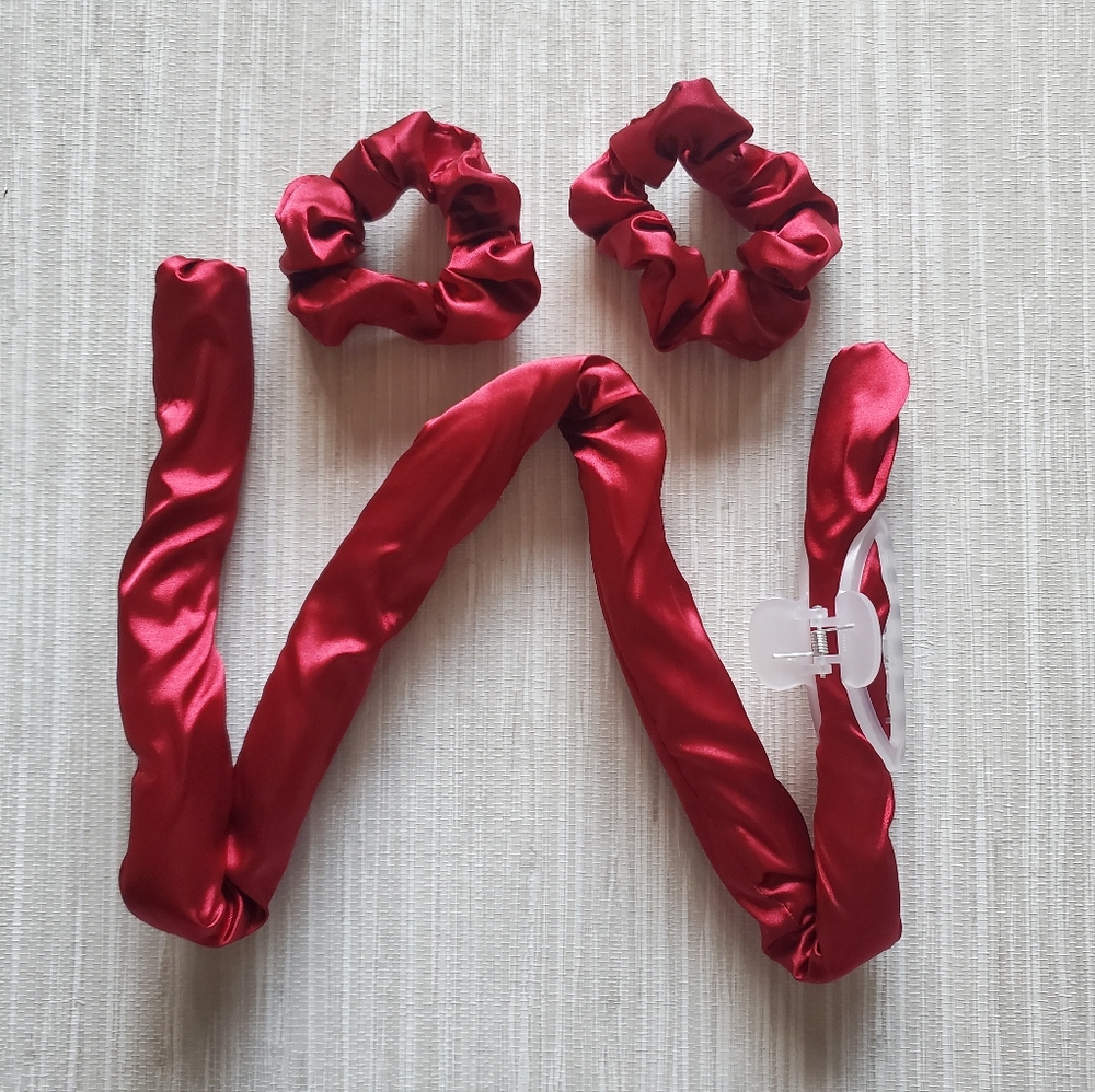 Red Satin Heatless Curling Rod With Scrunchies And Clip 4pc Set New